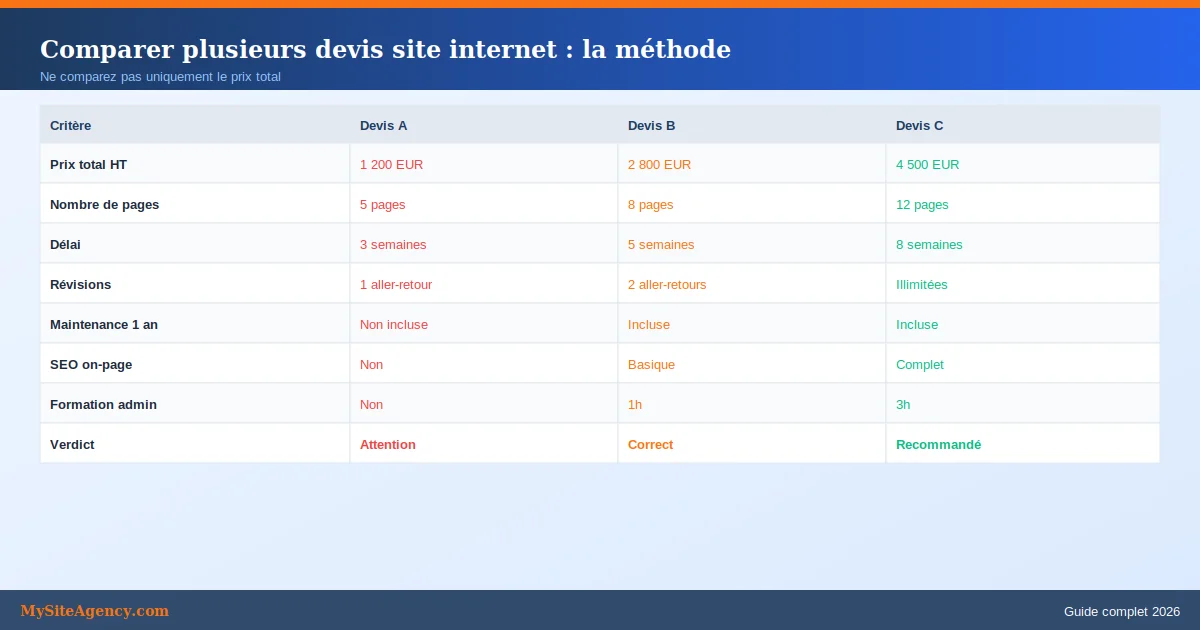 Comparaison de plusieurs devis site internet sur un tableau